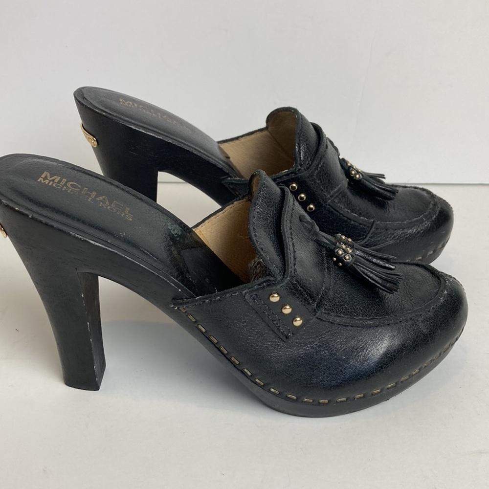 Michael Kors Pebbled Leather Wood Heeled Black Clog Tassel 7.5 Menswear Inspired - Picture 4 of 16